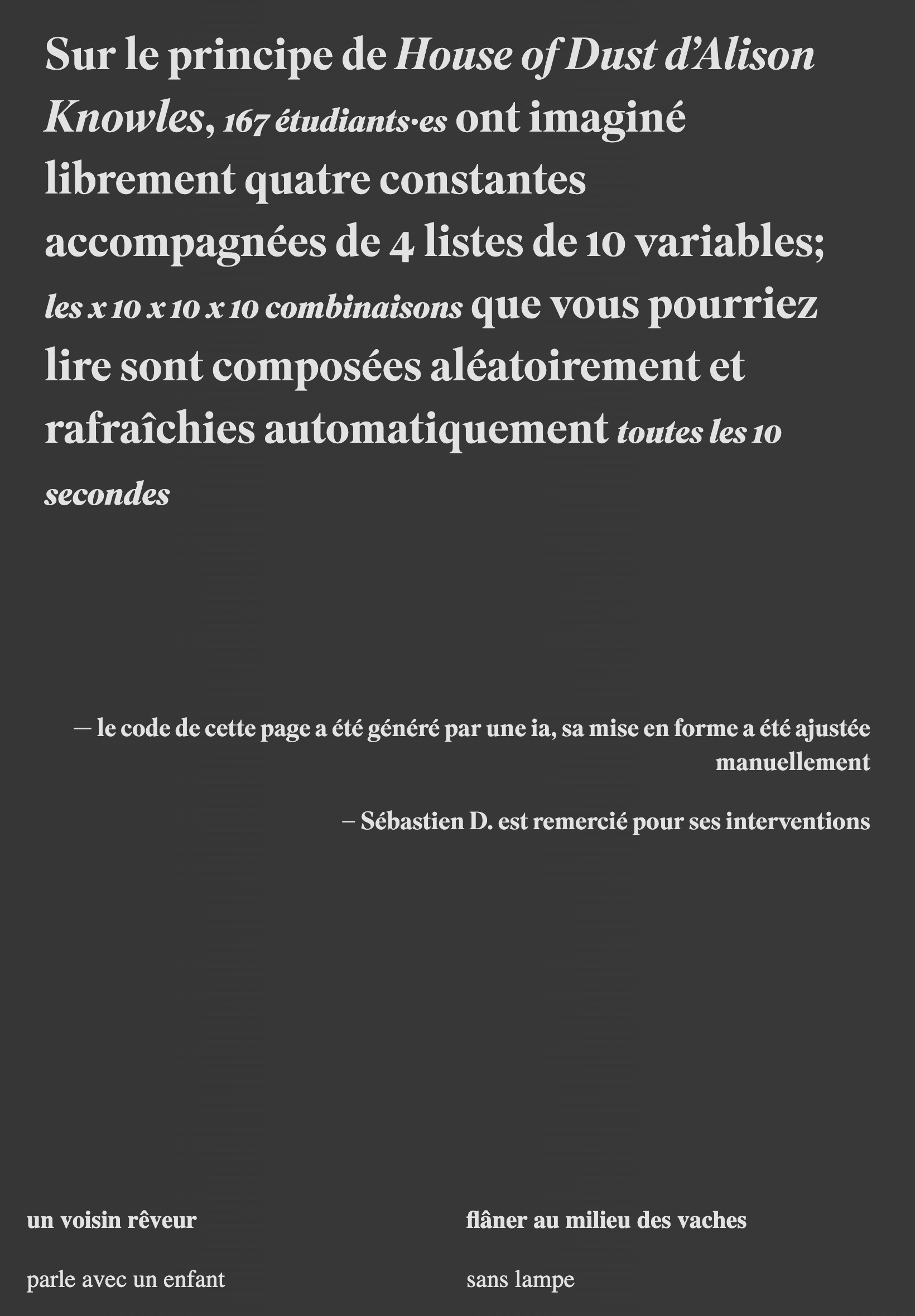 Page dans les tons noir/grisé avec un texte d'introduction suivi de crédits pour la page faite par de l'IA. En bas de la photo on peut aperçevoir deuc colums de phrases.